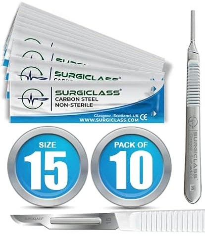Scalpel Blades # 15 Carbon Steel Non Sterile Scalpel Surgical Blades Box of 10 and Steel Handle for Wood Art, Surgical, Sculpting, Repairs, Lab Anatomy, Sign, Card Making Lab Training SURGIBL15-10