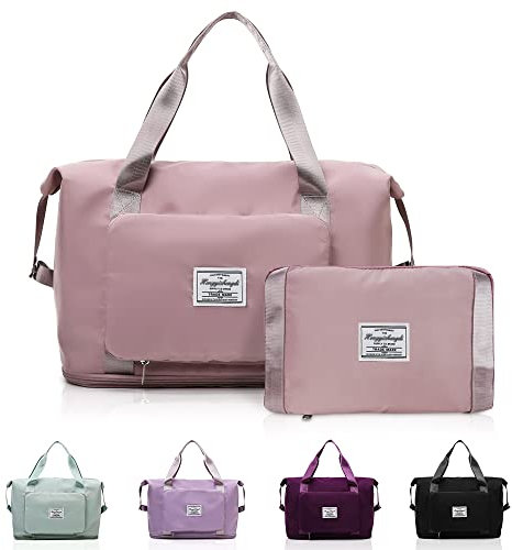 Reisetasche Faltbare mit Großer Kapazität, QLFJ-FurDec Travel Bag mit Trockener und Nasser Trennung, Erweiterbare Weekender Sporttasche für Damen, wasserdichte Tragbar Reisetaschen (Pink)