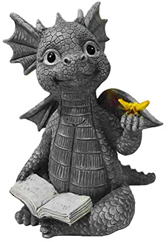 WBTY Drachen-Statue, Baby-Drachen-Lesebuch-Statue, Dinosaurier, der Schmetterlings-Figuren Hält, Kunstharz-Skulptur Garten-Dekoration Im Freien, Schreibtisch-Ornament(grau)