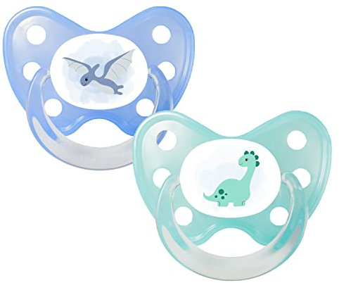 dentistar Silikon Schnuller 2er-Set – Größe 1 Schnuller 0-6 Monate – Zahn- & kieferfreundlicher Nuckel mit Dental-Stufe – BPA-frei – Made in Germany - Dinos Blau & Türkis