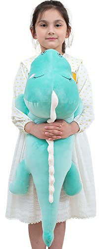 Aiuidun Plüschtier Dinosaurier Kuscheltier Stofftier Plüschkissen,Lange Dino Plüsch Spielzeug Umarmungskissen Lumbar Rückenkissen Puppe Geschenke für Kinder (80cm, Green - Happy)