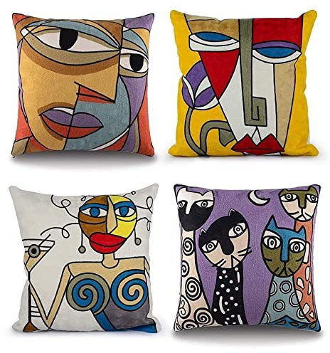Huachaoxiang Kissenbezüge Picasso Set 45X45cm, 4Er Vintage Stickerei Dekokissen Baumwoll-Leinen Kissenhülle Katze Stilvollen Kopfkissenbezüge Komfort Auf Sofa Boden Bank Oder Bett,Weiß