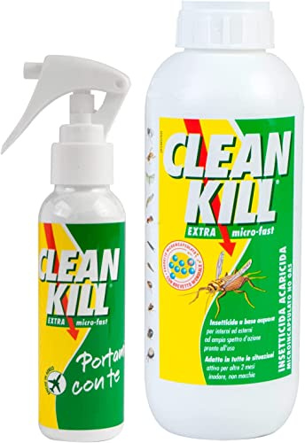 Biokill Insetticida Ecologico Clean Kill Extra Micro-Fast Ricarica No Gas A Base Acquosa Flacone da 1 Litro + Flacone Spray Vuoto in Formato Viaggio da 98ml