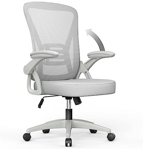 naspaluro Office Chair Ergonomic Desk with 90° Flip-up Armrest Lumbar Support, Height Adjustable Chair, Executive Swivel Computer Padded Seat Cushion for Home/Office-Grey, 50 x 50 x 92 CM (M022)