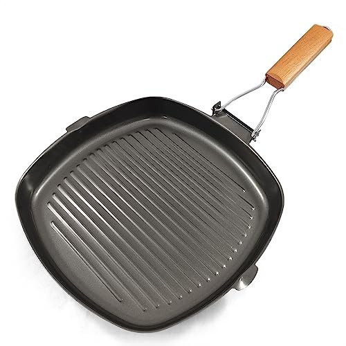 Rumplex Grillpfanne 24 cm Karbonstahl Antihaft Kratzfeste Spülmaschinenfest Kochen Pfanne mit Klappbarer Holzgriff für allen Herdaten einschließlich Induktion Gesundes Kochen