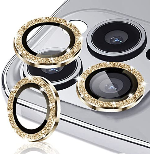 EKAM Camera Lens Protector for iPhone 13 Pro 6.1-Inch and iPhone 13 Pro Max 6.7-Inch 9H Tempered Glass Aluminum Alloy Metal Individual Ring Cover HD Clear Bubble Free Protection (Glitter Gold)