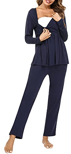 Litherday amningspyjamas, lång mammapyjamas, långärmad, tvåfärgad bomull, amning, nattkläder, amningsfunktion, pyjamas-set med elastisk linning och ficka, Mörkblå, S