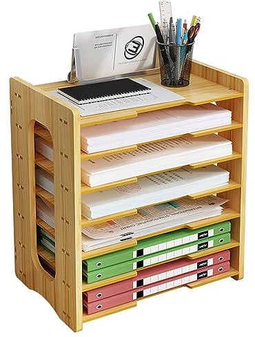 Wooden Desk File Organiser, A4 Paper Letter Tray Desktop File Holder Document Storage Rack Desk Tidy Organiser for Home Office Supplies (js05-2,Cherry Wood)