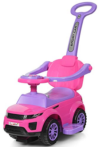 GOPLUS 3 in 1 Kinder Rutschauto, Schiebeauto mit Versteckter Stauraum, Musik, Hupen & Rädern, Kinderauto mit Abnehmbarer Schiebgriff & Schutzbügel für Kinder 1-3 Jahre (Rosa)