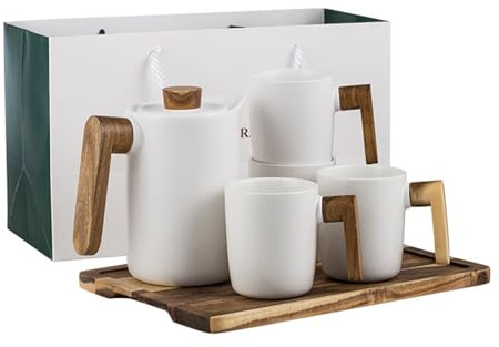 Soulnioi Ceramic Tea Pot Set 1000ML Tea Pot with Tray+4 Ceramic Tea Mugs with Wooden Handle 350ML,Tea Set for Adults with Gift Box for Home&Office White