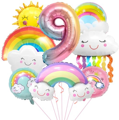 Regenbogen Geburtstagsdeko 9, Folienballon Wolken, Zahl 9 Ballon, Luftballons Wolken Quasten, Helium Ballon Sonne, für Jungen Mädchen Geburtstag Party Dekoration
