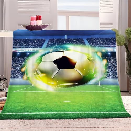 XCQHZYQ Kuscheldecke Sport Fußball 180x200 cm Wohndecke Warm Winter Weich Decke Couch Sofa überwurfdecke, Fleece Sherpa Wolldecke für Bett Schlafzimmer Büro - Grün blau