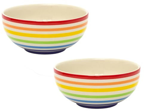 Carousel Home Set Of 2 Hand-painted Rainbow Bowl | Pack Of 2 Round Ceramic Kitchen Cereal Bowl Serving Bowl Pasta Bowl | 2 Piece Ramen Bowl Serving Dishes - 16cm