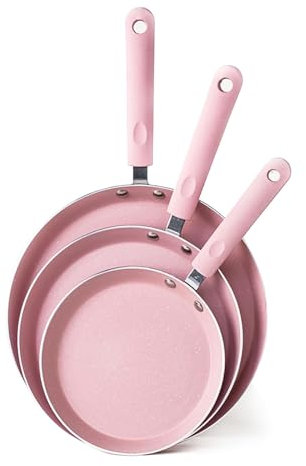 Justup Set di padelle antiaderenti, 3 pezzi, padelle antiaderenti, 18/22/26 cm, per tutti i piani cottura, padella antiaderente per omlette, pancake, padella piatta (rosa)