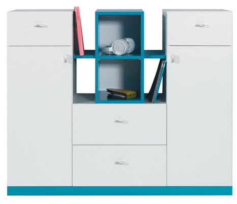 Lomadox Kinderzimmer Jugendzimmer Schrank Kommode Sideboard modern in weiß mit türkis