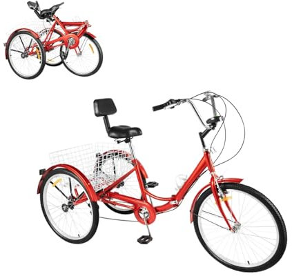 HUSPOO 24 Zoll Dreirad für Erwachsene Klappbar, 3 Räder 7 Gang Mit LED und Licht Gemüsekorb Faltbares Dreirad Fahrrad für Erholung Einkaufen Transport (Rot)