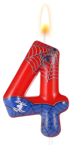 Spider Themed Birthday Candle, Red Blue Spider Web Candle Spider Candle Number Candle Birthday Cake Candle Spider Birthday Decorations for Boys Girls Birthday Cake Party Decoration (4)