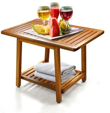 ENKEZI Acacia 24 Zoll Outdoor Beistelltisch, 2-stöckiger stabiler Terrasse, Beistelltisch wetterbeständig, starke Stabilität, Beistelltisch für Terrasse, Pool, Veranda, Teakholz-Finish (Akazienbraun)