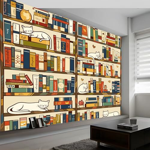Wandtapete Illustrationsstil Bücherregal Katze Fototapete, Bunt Vliestapete Bild Wand Dekoration, 250 x 175 cm (B x H) Tapete Panorama Poster Für Mädchen, Jungs Schlafzimmer Wohnzimmer