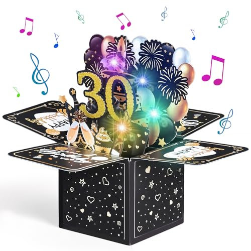 Joyoldelf 30 Geburtstagskarte mit Musik - 30. Geburtstag Pop Up Karte mit Lichtern und interaktiven Kerzen, Geschenk Geburtstagskarten für Frauen und Männer, 3D Grußkarte Geburtstagsgeschenk