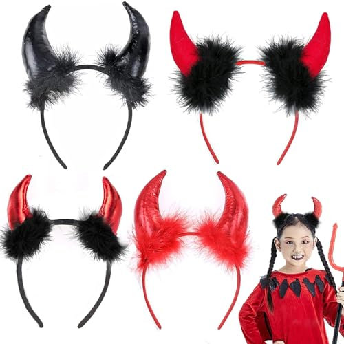 WENAUANG Teufelshörner Haarreif, 4 Stück Teufelsohren, Teufel Ohren Haarband, Teufel Horn Kuh Horn Haar Hoop, Teufelshörner Stirnband für Fasching, Karneval, Halloween, Maskerade Cosplay
