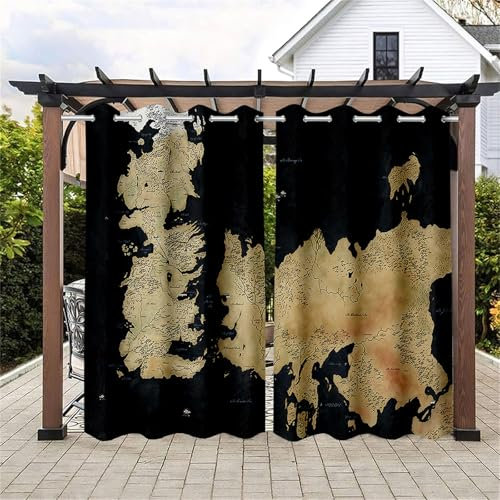 Hiseng Rideaux Extérieur Imperméable, Style Vintage Imprimé 3D Rideau Occultant Isolant Thermique 2 Pieces Rideau d'Extérieur pour Pergola Terrasse avec Oeillet (137x304cm,Style Ancien)