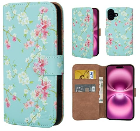 32nd Blumen Series 3.0 - PU Leder-Mappen-Hülle Case Cover für iPhone 16 Plus (6.7), Blumendesign hüllen Mit RFID-Blockierung Kartensteckplatz, Magnetverschluss und Standfuß - Frühlings-Blau