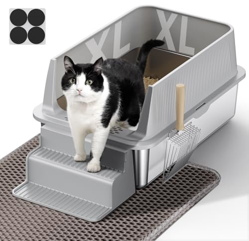 PKBD XL Stainless Steel Cat Litter Tray, Large Litter Tray with Detachable Enclosure, 32L Litter Box with XL Mat, Metal Cat Litter Scoop and Stairs for Senior Cats, Suitable for Most Cats