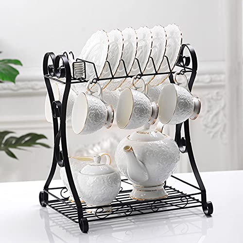 RAABYU Juego de té de Porcelana, Tazas de café y platillos con Tetera, azucarero y Jarra de Leche, Tazas de té y café de cerámica con Soporte de Metal