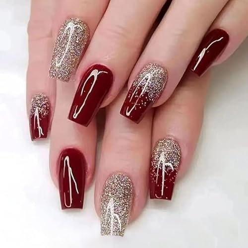 Kaiperala 24pcs Medium Length False Nails Coffin, Burgundy Press on Nails Glitter Gold Wine Red Stick on Nail Removable Glue on Acrylic Fake Nail Art Halloween Christmas Accessories for Women Girls