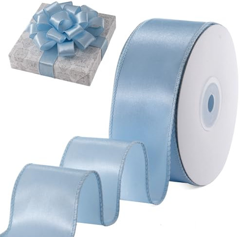 FAKILO Geschenkband Satinband mit Draht 38 mm x 18 m Schleifenband Hellblau Drahtband dient als Geschenkband, Christbaumband, Schmuckband für Kränze, Bastelband und Hochzeitsband
