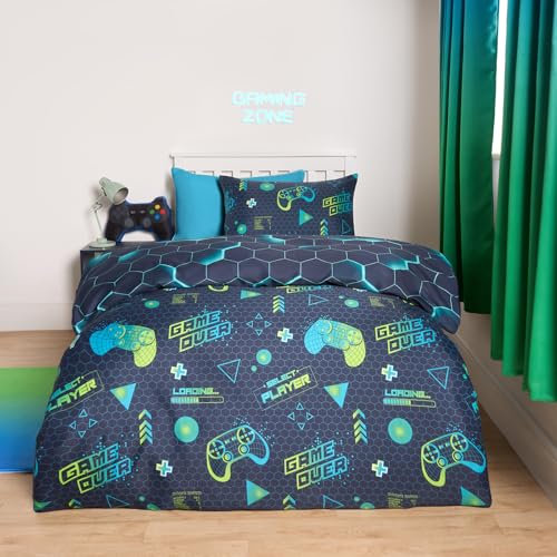 OHS Double Gaming Duvet Set, Ultra Soft Warm Comfy Teenage Boys Bedding Reversible Quilt Covers Gamer Bedding for Kids Duvet Cover with Pillowcases - Green/Blue