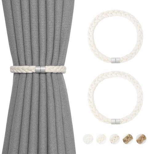 Pretty Jolly 2 Pack Natural Cotton Rope Curtain Tiebacks Elegant Boho Style Magnetic Drape Tie Backs Soft Hand-Woven Rope Curtain Holdbacks for Home & Office Drapery (Cotton rope-03)