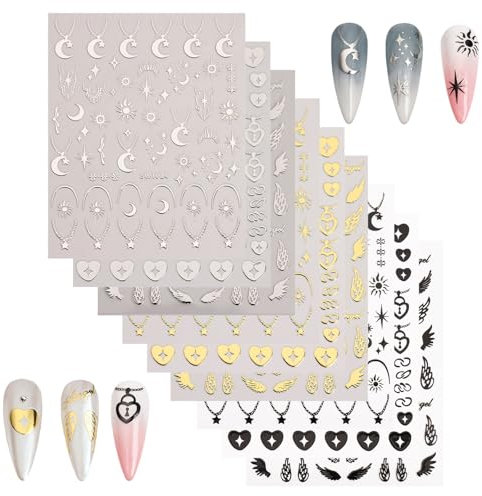 Gold Silver Black Nail Stickers, 9 Sheets Star Moon Sun Angel Wing Heart Nail Stickers for Nail Art, 3D Nail Art Stickers Self-Adhesive Nail Decals for Women Girls Nail Art Decorations