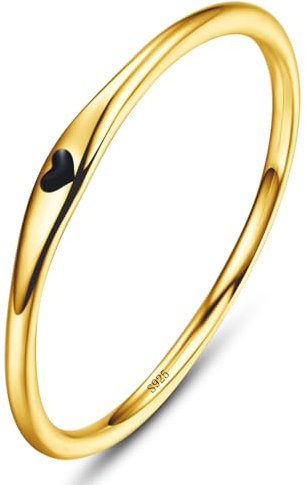 BONLAVIE Goldring 925 Sterling Silber Ringe für Frauen mit Schwarzem Emaille Einfaches Herzdesign Eheringe Goldplattierte Stapelring Dünner Versprechen Ring für Sie 52 (16.6)