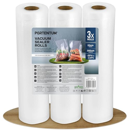 PORTENTUM Sacs sous Vide Alimentaire 3 Rouleaux 20 cm x 300 cm (9 m). Rouleau Sous Vide Alimentaire pour la Conservation des Aliments et la Cuisson, sans BPA