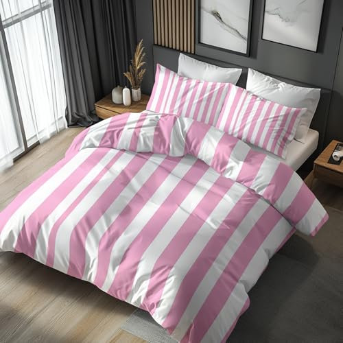 Générique Housse de Couette Rayures Roses 220x240, Parure de Lit Motif Rayure Roses et Blanche 2 Personnes - Decoration - 2 Taies d'oreiller 65x65, Fermeture Éclair, Microfibre - PKA4638