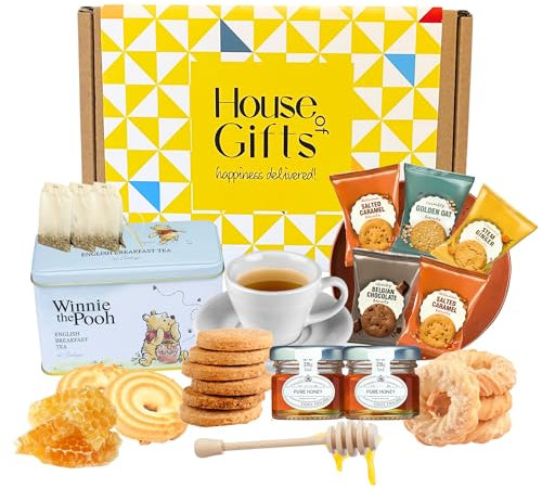 Winnie The Pooh Tea Hamper Gift Set Including 40 Breakfast Tea Bags, British Biscuits, Honey Pots & House of Gifts Honey Spoon & Box | Biscuit & Brew Gift Box, Elegant Treat Selection