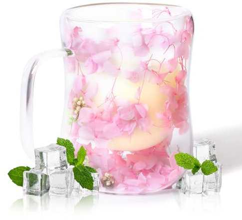 RUIOMII 400ml Double Wall Glass Flower Mugs, Cute Coffee Mug with Floral Pattern,Birthday Gifts for Women, Mother, Girlfriend