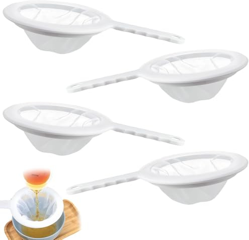 4 Pezzi Filtri per Liquori Fatti in Casa, Filtro per Olio di Frittura 200/300/400/450 Mesh, Filtri a Rete in Nylon Alimentare Riutilizzabili (Manico Lungo Bianco)