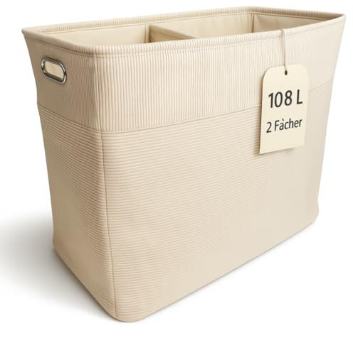 Wäschesammler XXL faltbar mit Trennwand – Moderner Cord-Stoff Beige – Wäschebox schmal hoch für Bad, Wäschebehälter für Schmutzwäsche – Wäschesammler groß, Laundry Bag, Wäschekorb