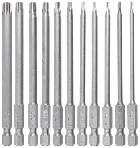 Tekrill 11 Stück 100mm lang Torx Schraubendreher Bits Set, Magnetischer 1/4-Zoll-Sechskantschaf manipulationssicheres Sternbit-Set, T5-T40, TS/PT-02