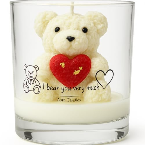 Handmade Teddy Bear Candle in Glass – Romantic Gift for Her, Soy Wax Decorative Candle with Heart & Gold Leaf – Valentine’s, Anniversary, Birthday Present