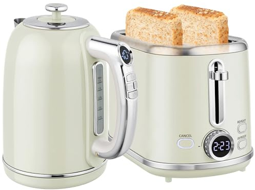 HOMCOM Digital Kettle and Toaster Set with LED Screen, 1.7L 3000W Kettle with 3Hr Keep Warm Memory Function & 12 Temperatures Control, 2 Slice Toaster with 6 Browning Controls, Crumb Tray, Grey