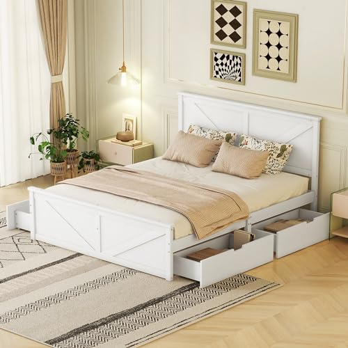 Idemon 160x200 Doppelbett, Schlichtes Holz-Plattformbett mit Vier Schubladen, weiß,