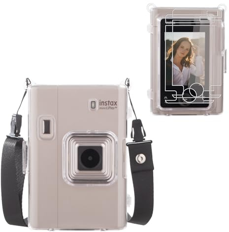 HIYQIN Mini Liplay+ Case, Hard PC Clear Case Compatible with Fuji Instax Mini Liplay Plus Camera, with Adjustable Shoulder Strap & Screen Protector (2 Pack) for Instax Liplay Plus Hybrid Camera