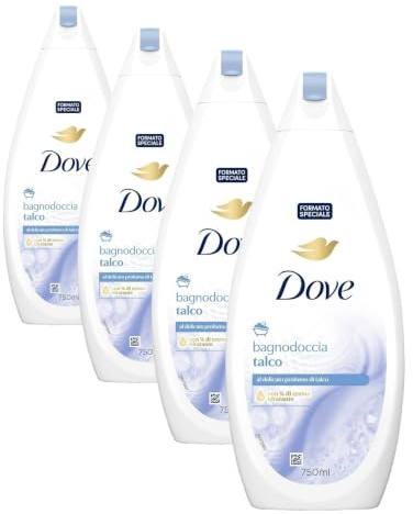 Dove Talco, Formel mit feuchtigkeitsspendender Dermo-Natur, mit 1/4 Feuchtigkeitscreme, dermatologisch getestet, Duschgel für Damen und Herren, 100% recycelte Flasche* 750 ml (Packung mit 4)