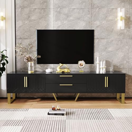 BTM Hochglänzender TV-Schrank: Boden, goldene Griffe und Füße, Tür mit gravierter Textur, Aufbewahrungslösung für das Wohnzimmer, perfekte Kombination aus Eleganz, Luxus und Funktionalität