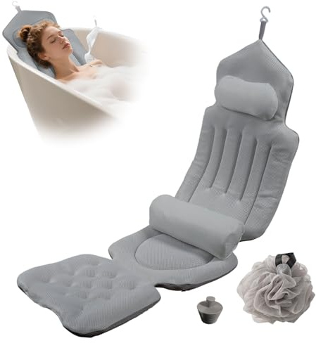 Badewannenkissen Ganzkörper,133 x 41 cm Badewannenmatte mit Kopfstütze und Lendenwirbelstütze, 192 Saugnäpfen für Halt, Schnelltrocknend 4D Badewannenmatte mit Kissen für Eintauchen in Badewanne Spa