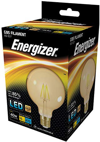 Energizer E27 Golf G95 LED Gold Filament Light Bulb - 5W. Warm White 2200K, 470 Lumen Energy Saving Lightbulb. Non-Dimmable - Large Edison Screw (ES)